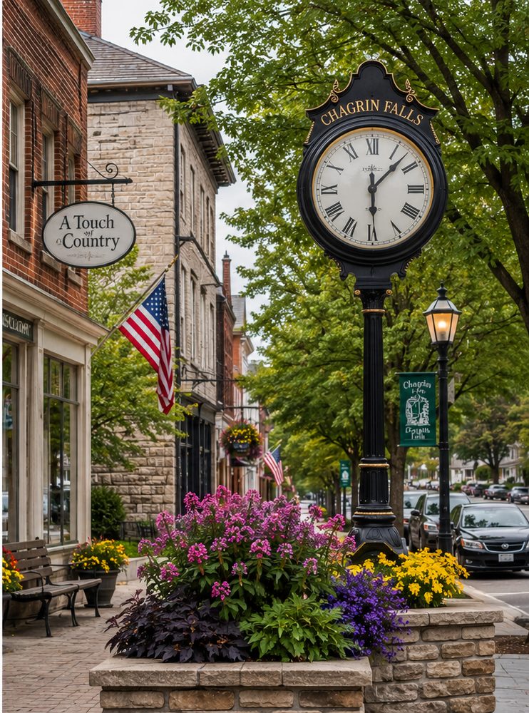 Ritas Salon  Spa Ritas Salon  Spa Ornate Clock on a Lamppost Reading Chagrin Falls Beside a Brick Sidewalk with Shops Flags and Bright Flower Planters on a Sunny Street
