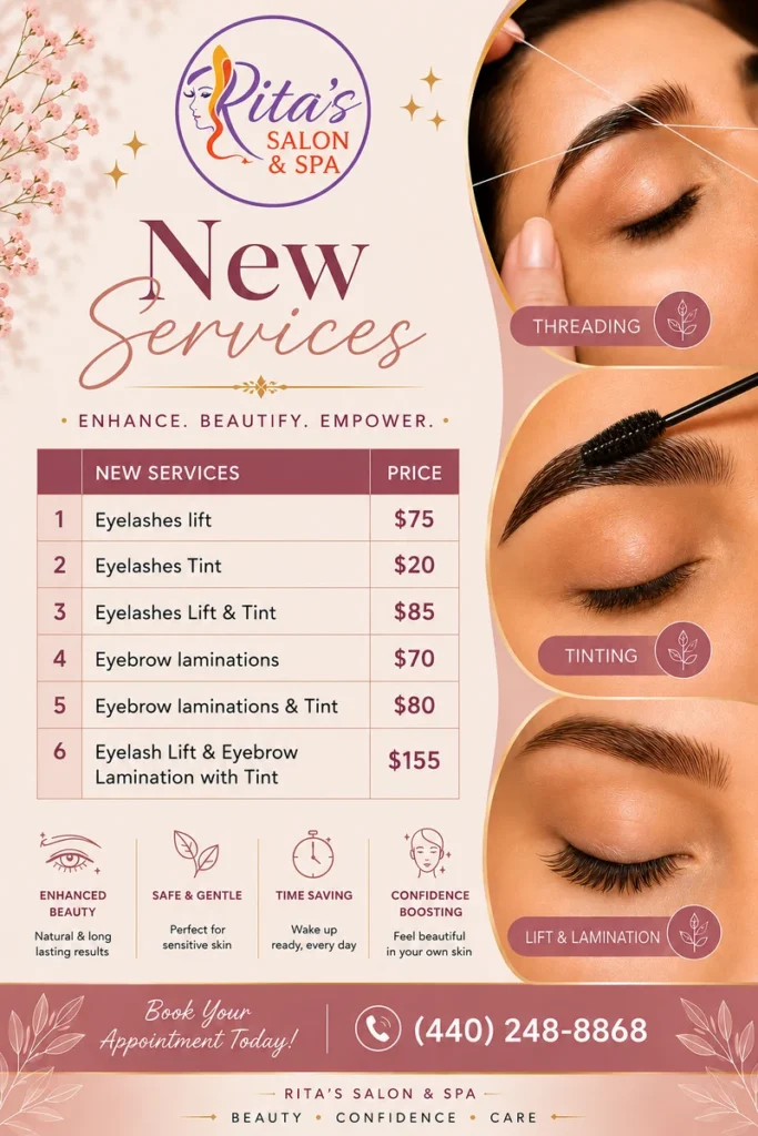 Ritas Salon  Spa Ritas Salon  Spa Ritas Salon  Spa New Service Menu  Eyelash Lift  Lash Tint  Lift and Tint  Eyebrow Lamination  Lamination and Tint  Combined Lash Lift and Brow Lamination with Tint 5